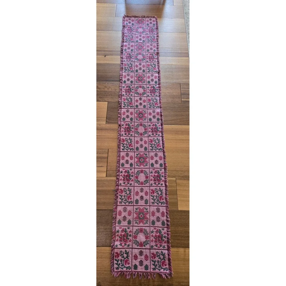 Vintage Woven Christmas Table Runner Reversible Pink Green Santa Fringe 70in